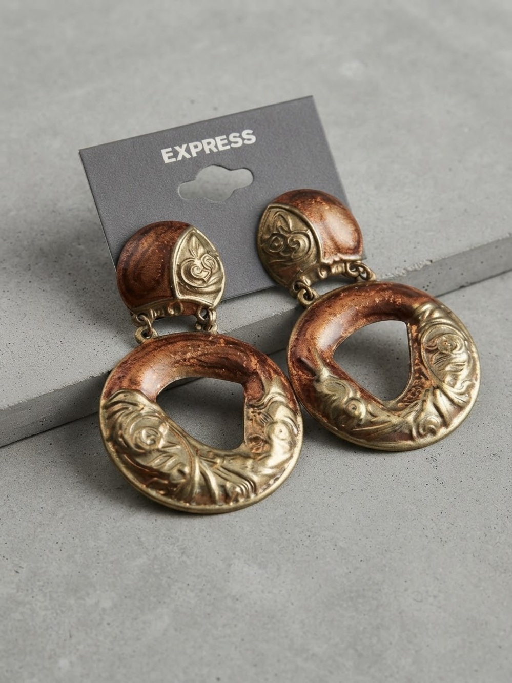 Express Gold and Brown Sculpted Hoop Drop Earrings vintage